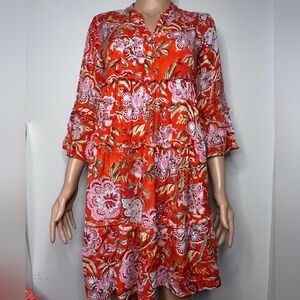 Vintage Ibiza Women’s Dress M Red Floral Boho Tunic Tiered 100% Cotton